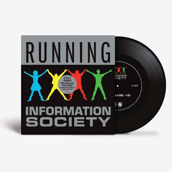 Albumcover von Information Society's 'Running'. Es zeigt eine schwarze Vinyl-Schallplatte und ein Cover mit bunten Strichmännchen und Text.