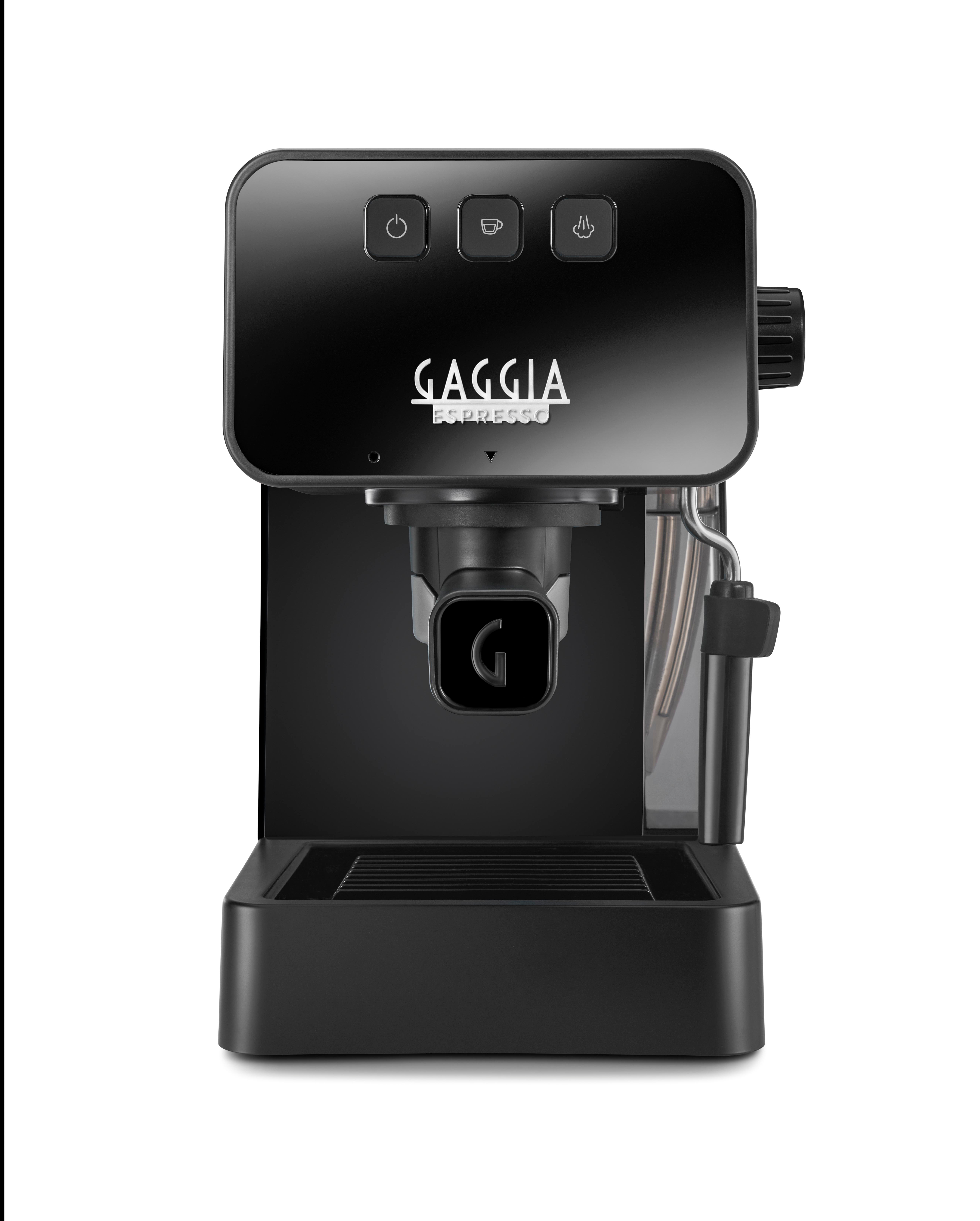 Eine schwarze Gaggia Espressomaschine auf weißem Hintergrund. Sie hat drei Knöpfe, eine Dampflanze und eine Abtropfschale.