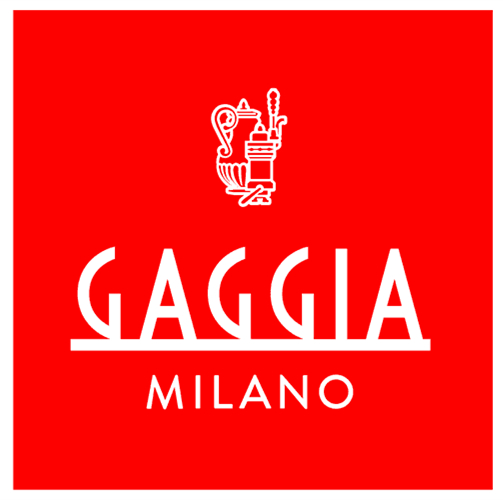 Roter Hintergrund mit weißem Text "GAGGIA MILANO" und einer Kaffeemaschinengrafik oben. Das Logo ist quadratisch.