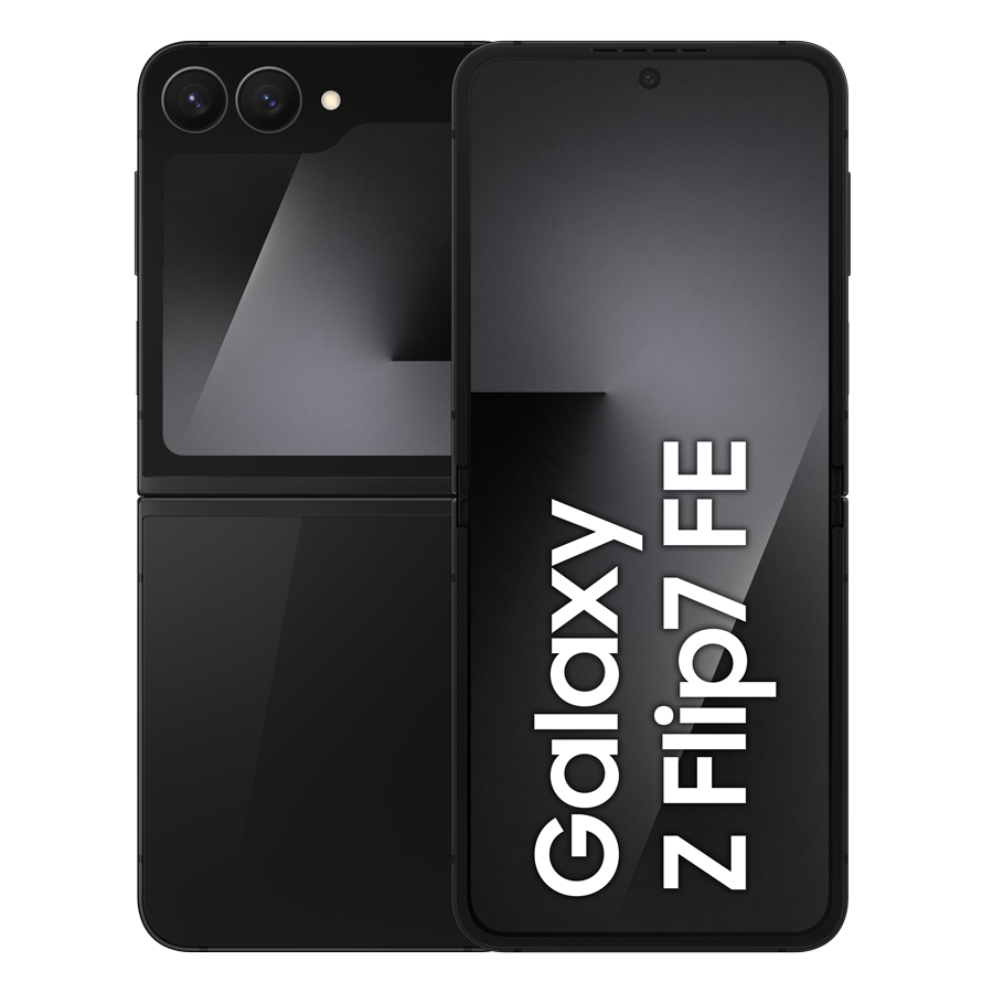 Czarny smartfon Samsung Galaxy Z Flip7 FE, częściowo otwarty, pokazujący ekran z białym tekstem.