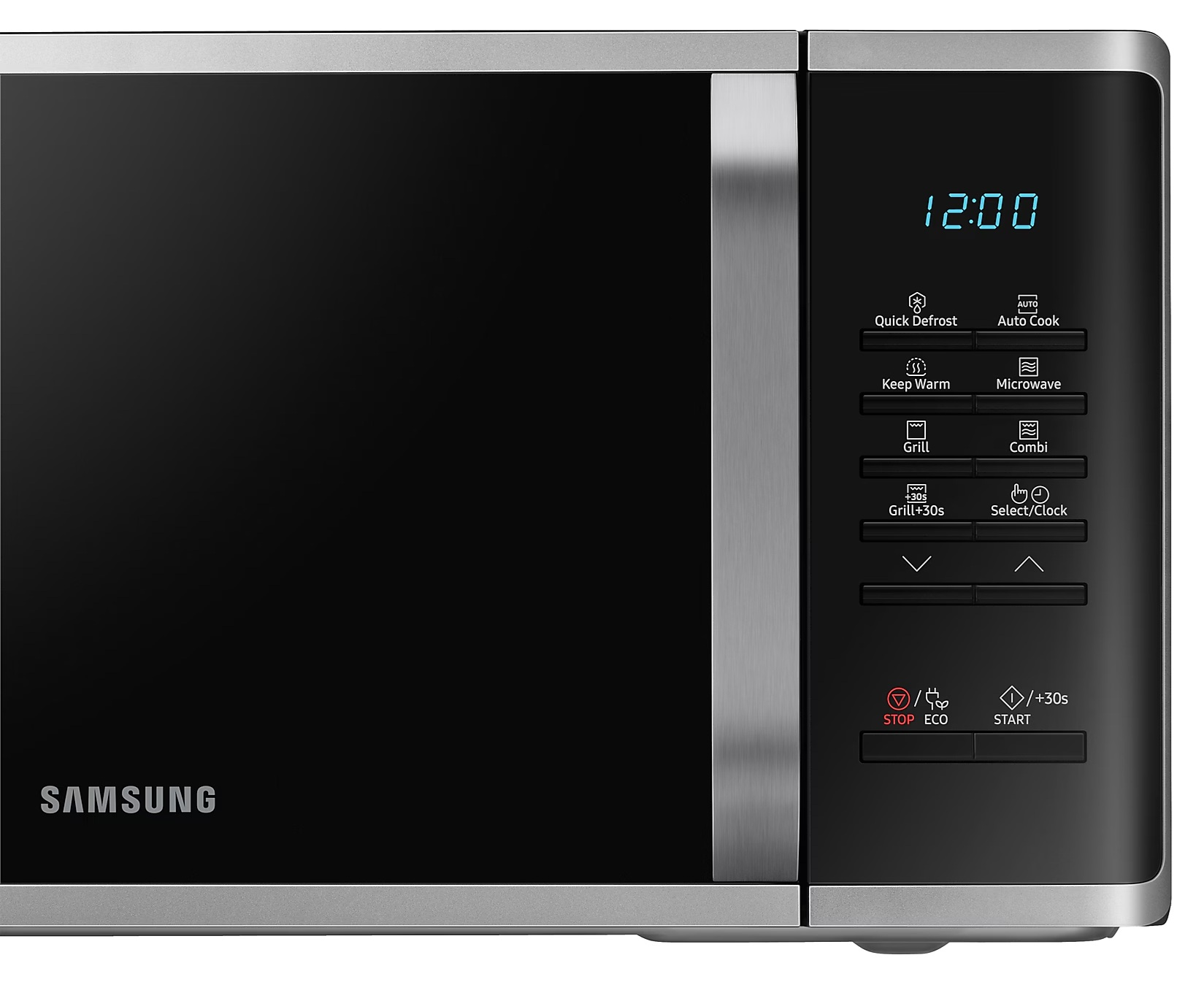 Kuchenka mikrofalowa Samsung z czarnymi drzwiami i panelem sterowania. Wyświetlana jest godzina 12:00. Srebrne obramowanie otacza piekarnik.