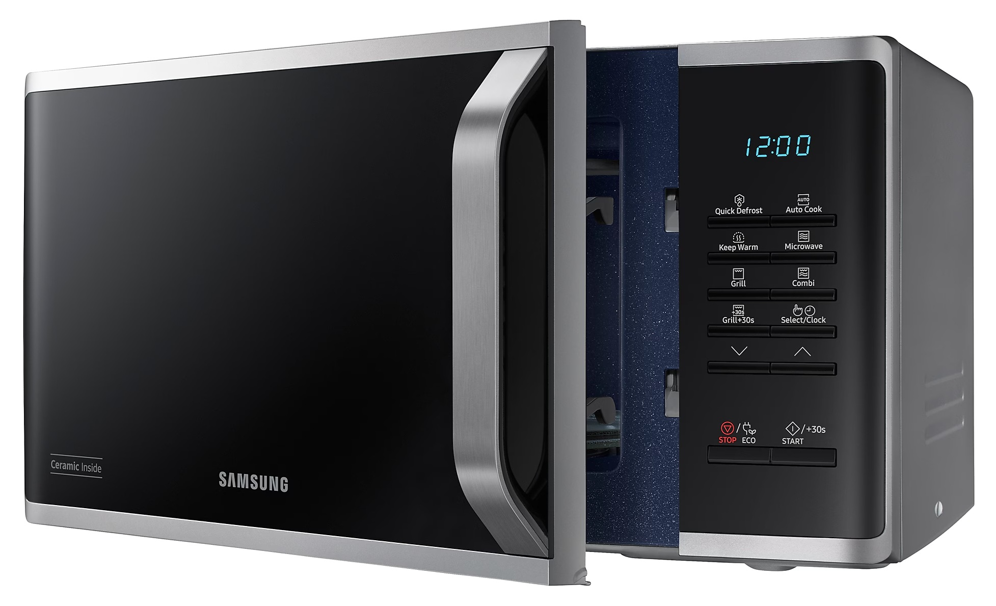 Czarna i srebrna kuchenka mikrofalowa Samsung, otwarte drzwi. Funkcje obejmują zegar cyfrowy i różne opcje gotowania.