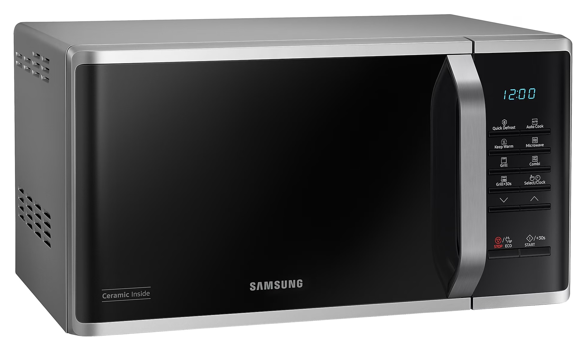 Kuchenka mikrofalowa Samsung z czarnymi drzwiami, srebrnymi wykończeniami i panelem sterowania. Godzina to 12:00.