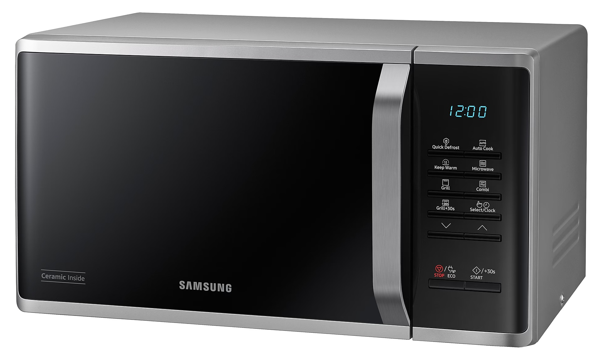 Kuchenka mikrofalowa Samsung. Ma czarne drzwi z cyfrowym zegarem i panelem sterowania. Obudowa jest srebrna.