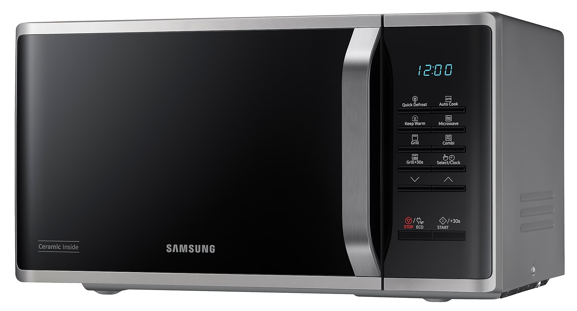 Kuchenka mikrofalowa Samsung z czarnymi drzwiami i panelem sterowania. Ma srebrne wykończenia, zegar cyfrowy i różne przyciski funkcyjne.