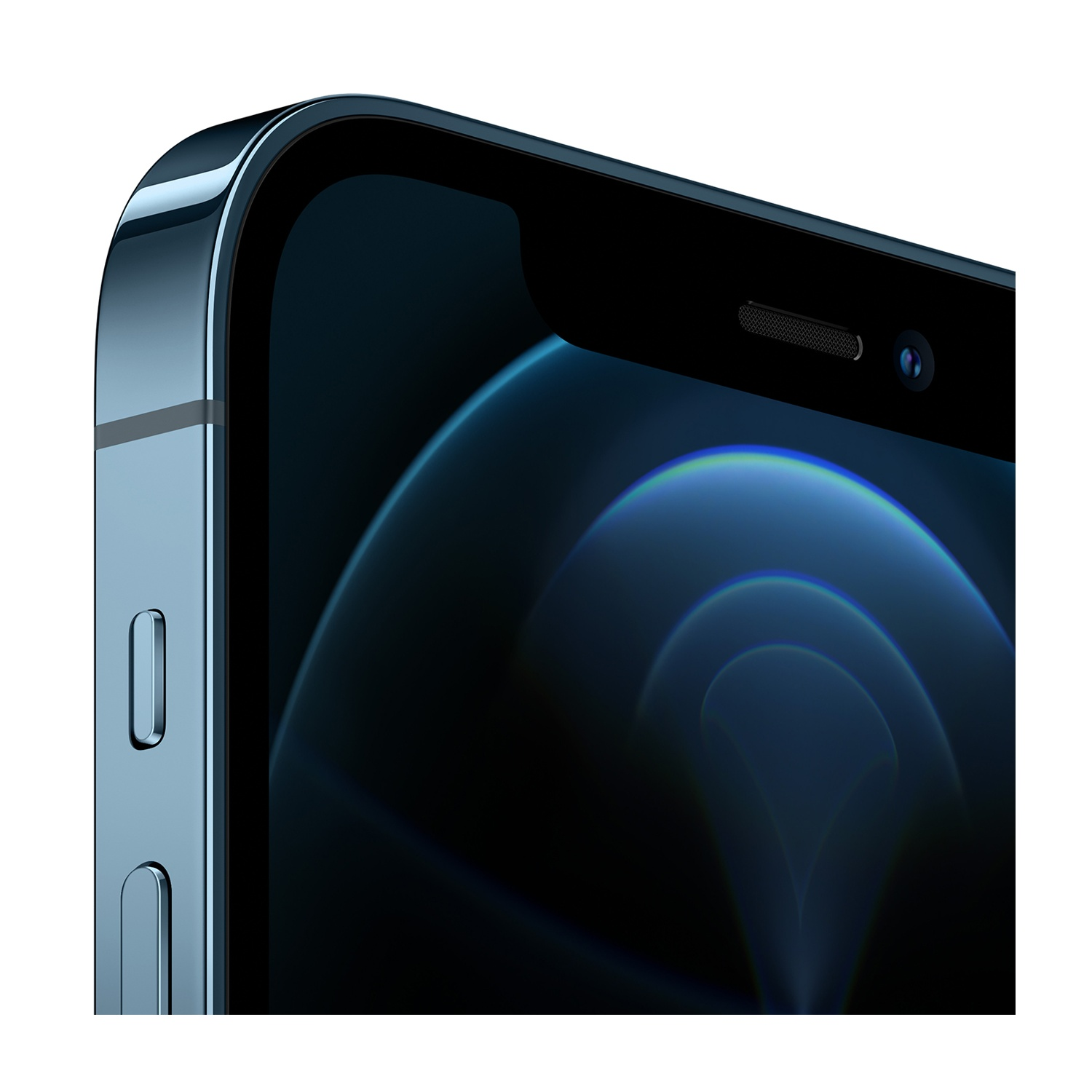 Primo piano di uno smartphone blu scuro. Mostra lo schermo con un motivo ad anelli, un pulsante laterale e l'area della fotocamera.
