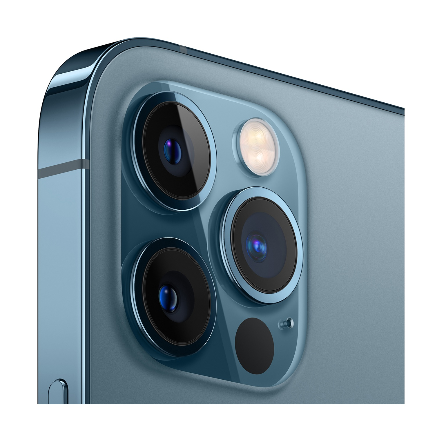 Primo piano del retro blu di uno smartphone con modulo fotocamera. Sono visibili quattro lenti, un flash e un microfono.