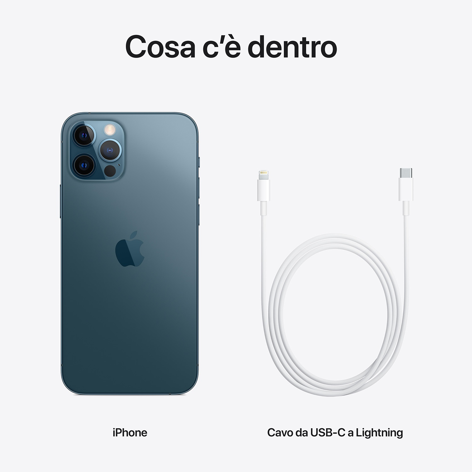 Un iPhone e un cavo da USB-C a Lightning bianco sono su sfondo bianco. L'iPhone è blu.