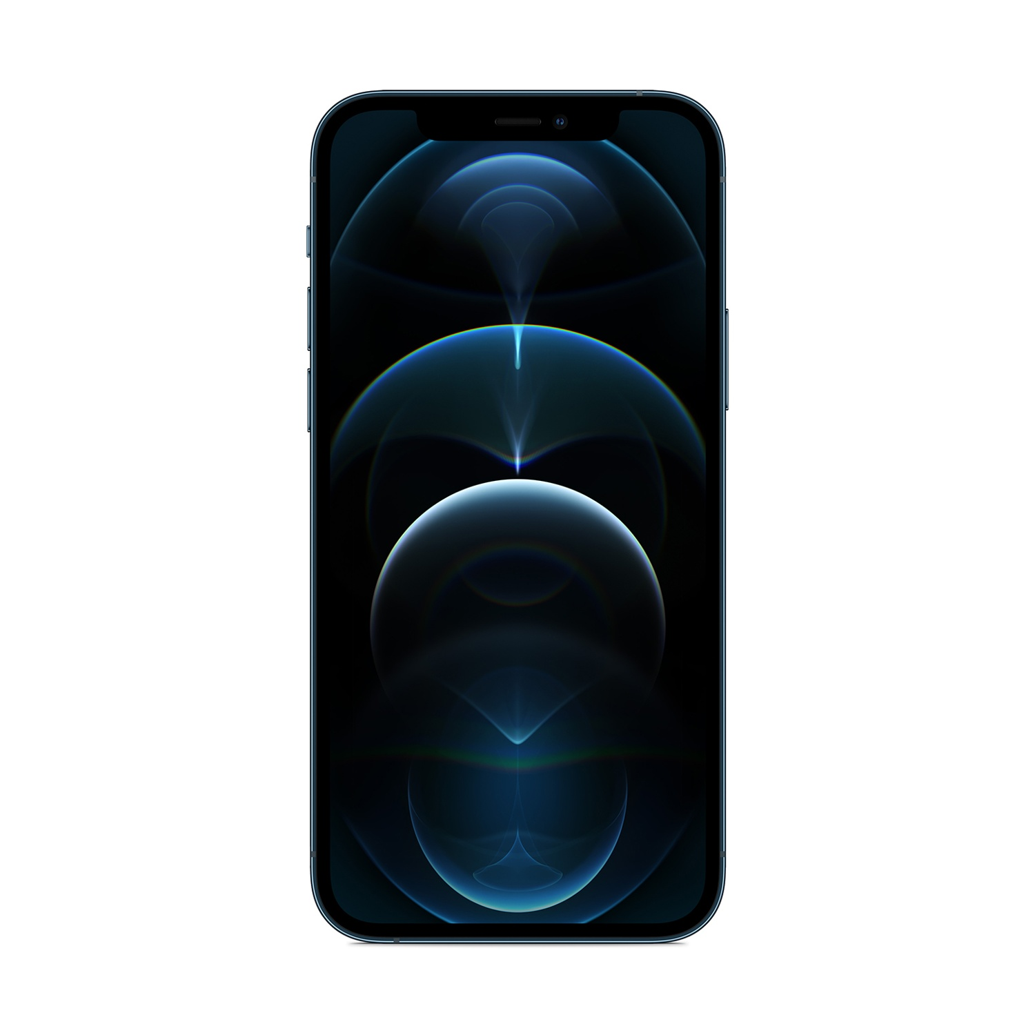 Un iPhone blu centrato su sfondo bianco. Lo schermo mostra un design astratto blu scuro con globi luminosi.