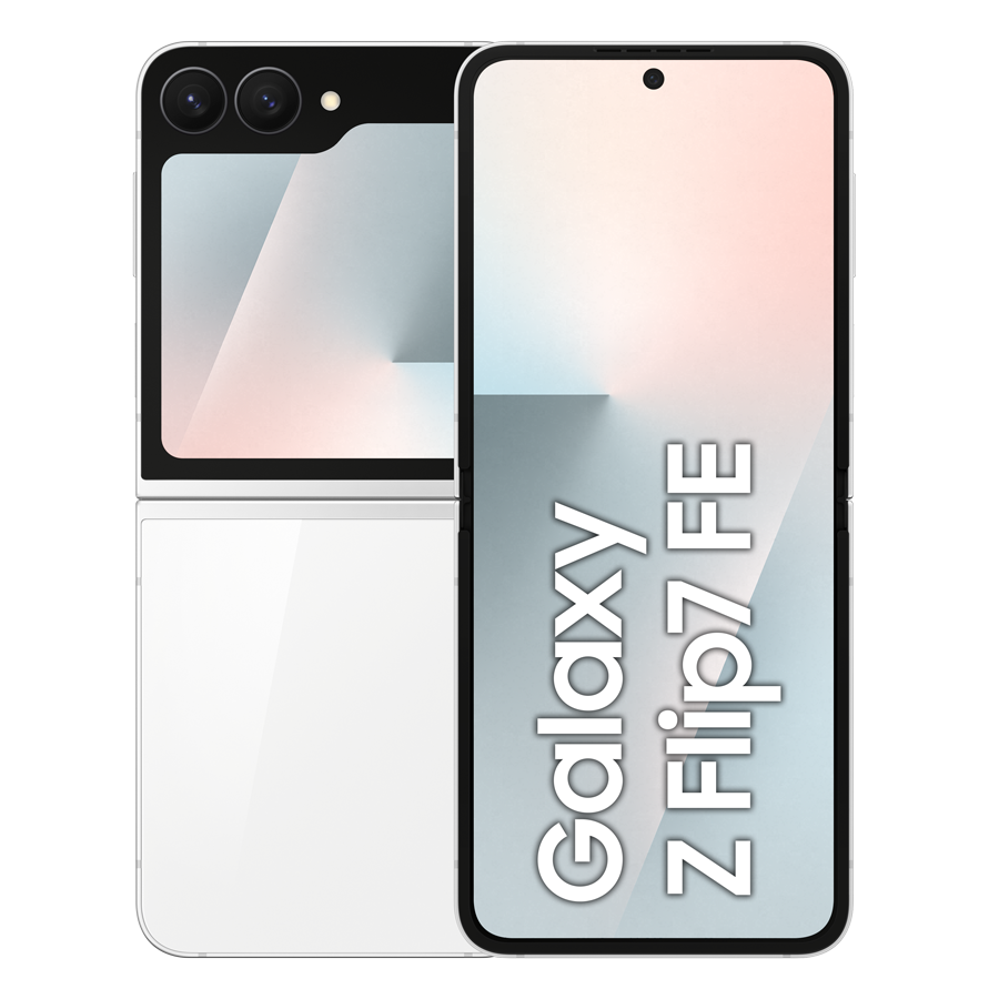 Biały, składany smartfon, Samsung Galaxy Z Flip7 FE. Wyświetlacz pokazuje gradient. U góry kamery. Na dole rozłożony.