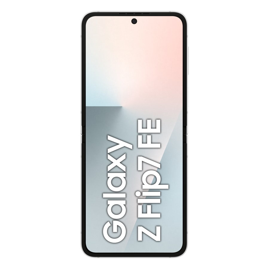 Smartfon z białym tłem. Ekran wyświetla gradient kolorów z tekstem Galaxy Z Flip7 FE.