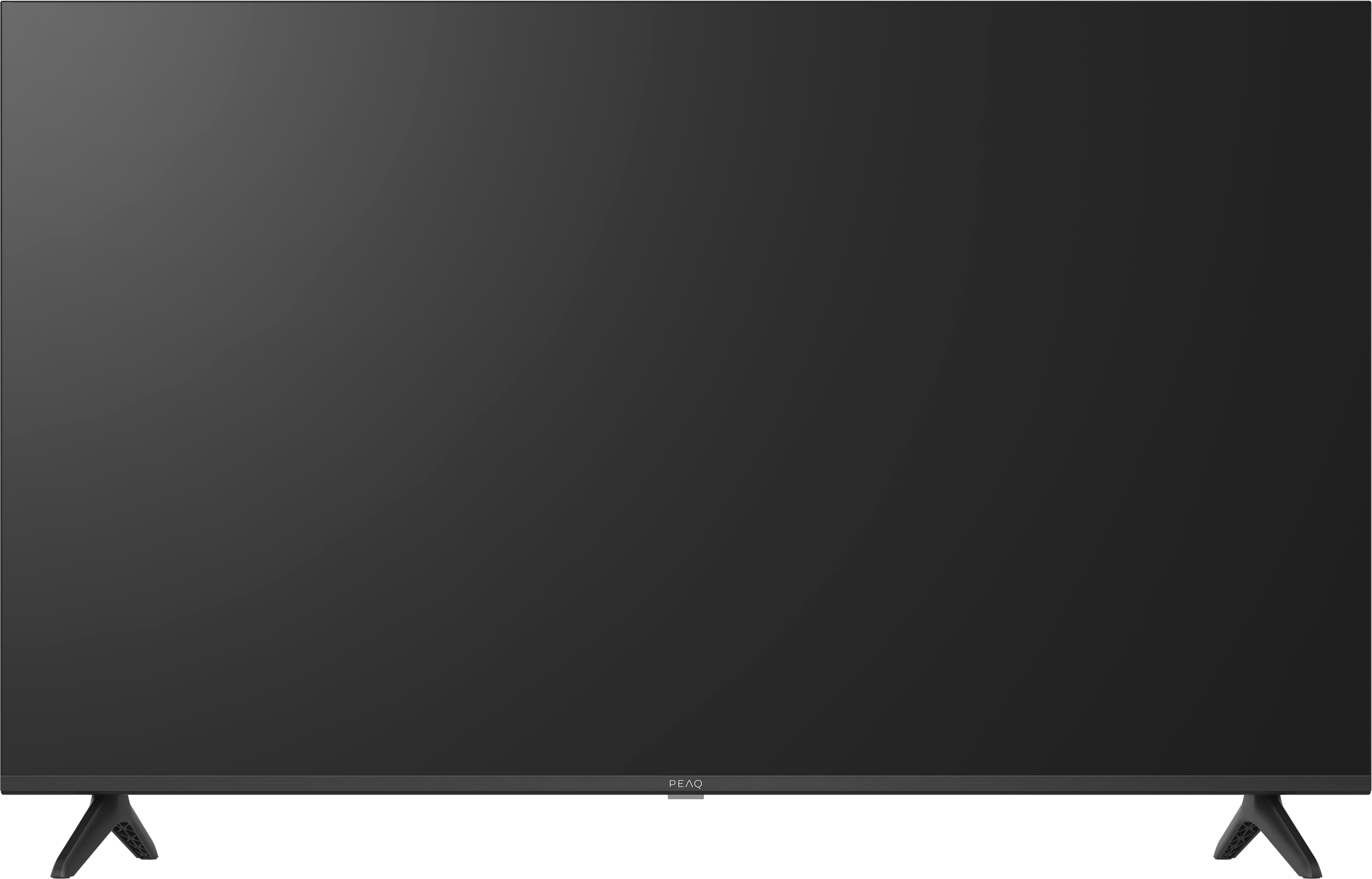 Ein schwarzer Flachbildfernseher mit zwei schwarzen Beinen. Der Bildschirm hat eine dunkle, graue Farbe. Die Marke ist PEAQ.