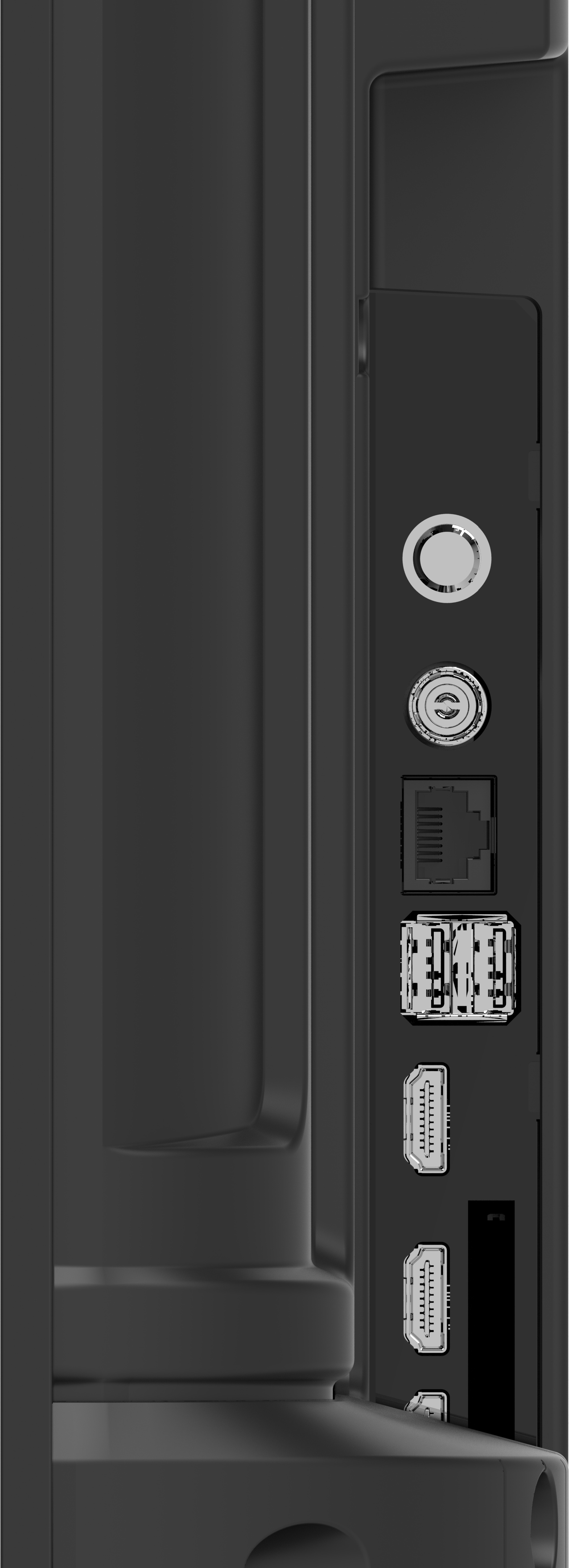 Nahaufnahme der Seite eines schwarzen elektronischen Geräts. Sichtbar sind mehrere Anschlüsse und Steckverbinder.