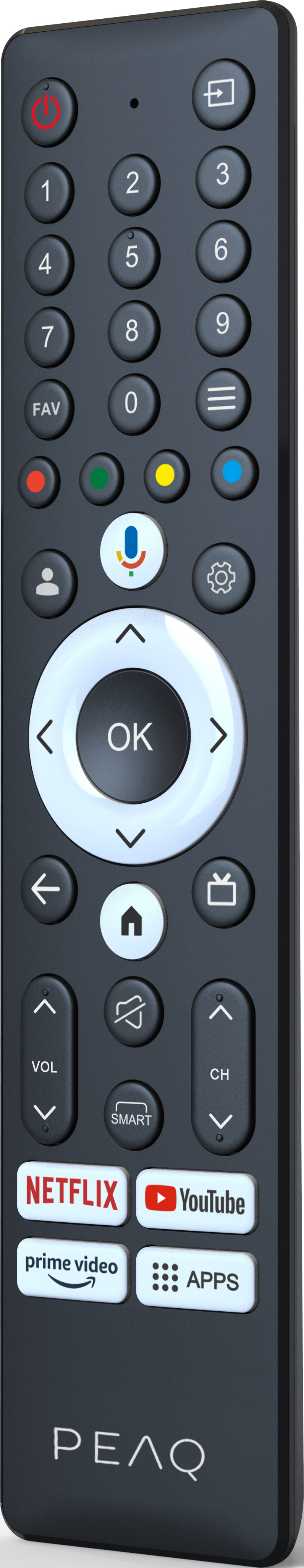 Schwarze Fernbedienung mit nummerierten Tasten, Navigationstasten und Streaming-Dienst-Tasten. Das Logo PEAQ befindet sich unten.