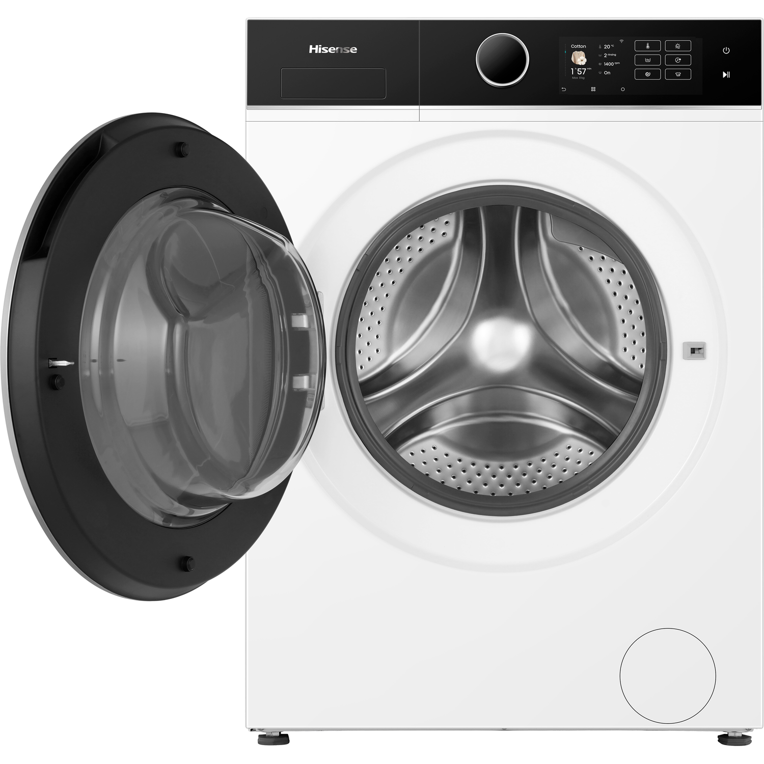 Witte Hisense wasmachine met open deur. Zwart deurkozijn en bedieningspaneel. Roestvrijstalen trommel. Witte behuizing.
