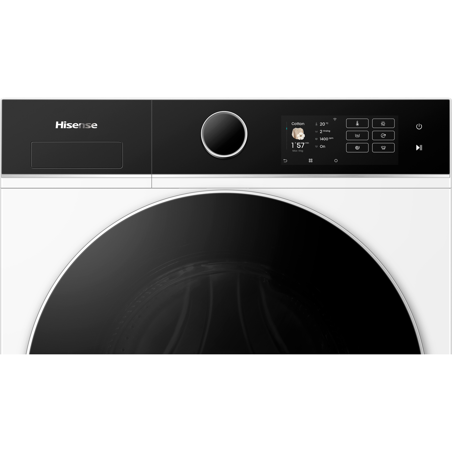 Een witte Hisense wasmachine met een zwart bedieningspaneel en een ronde glazen deur. Het display toont wasinstellingen.