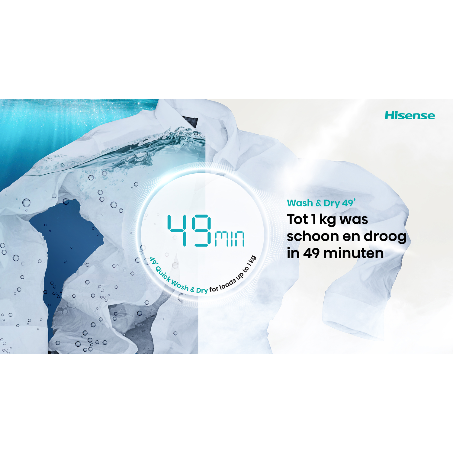 Een wit overhemd ondergedompeld in water, met bellen en tekst die een was- en droogcyclus van 49 minuten voor maximaal 1 kg aangeeft.