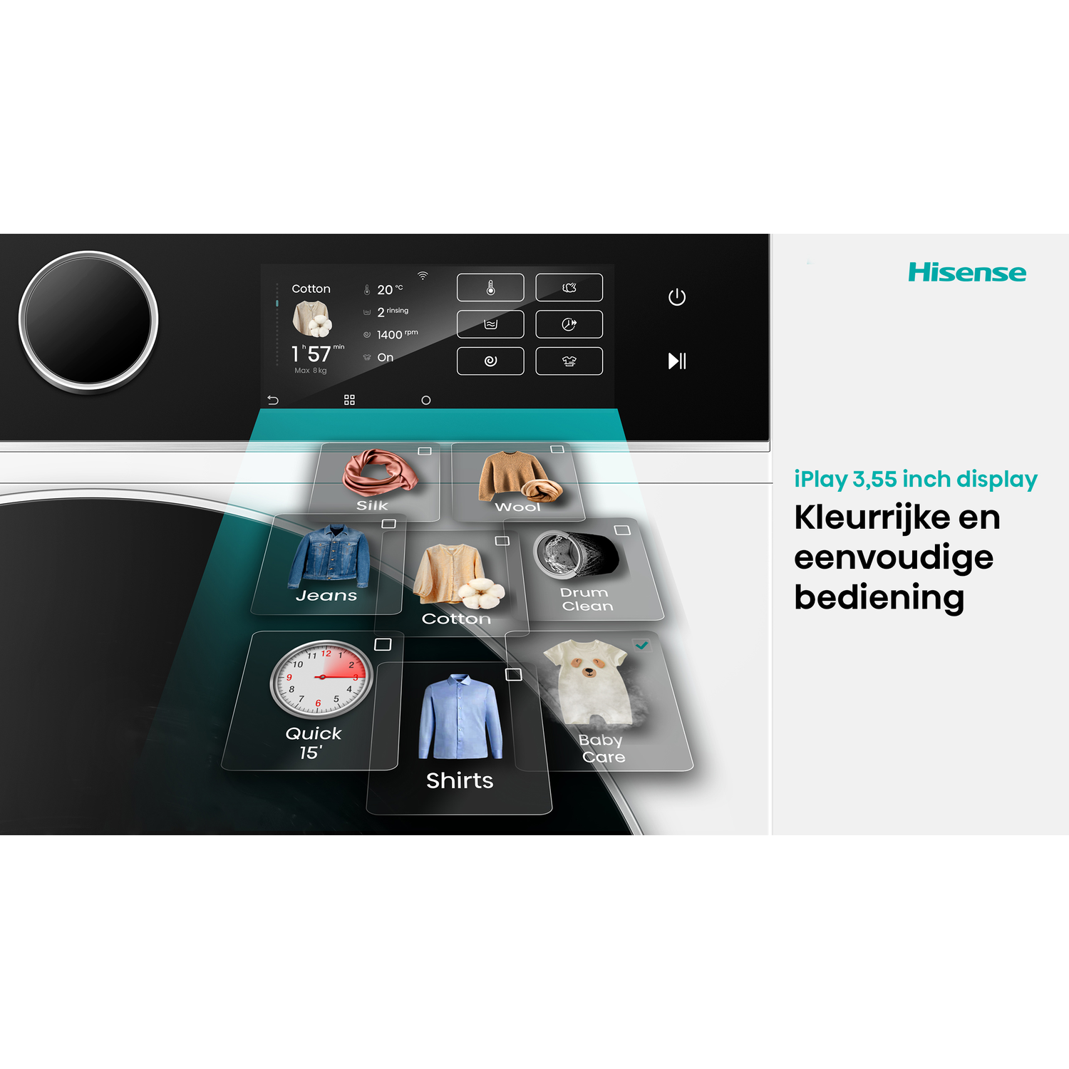 Wasmachine bedieningspaneel met diverse programma-opties. Scherm toont katoen, temperatuur en timer. Opties: zijde, jeans, overhemden.