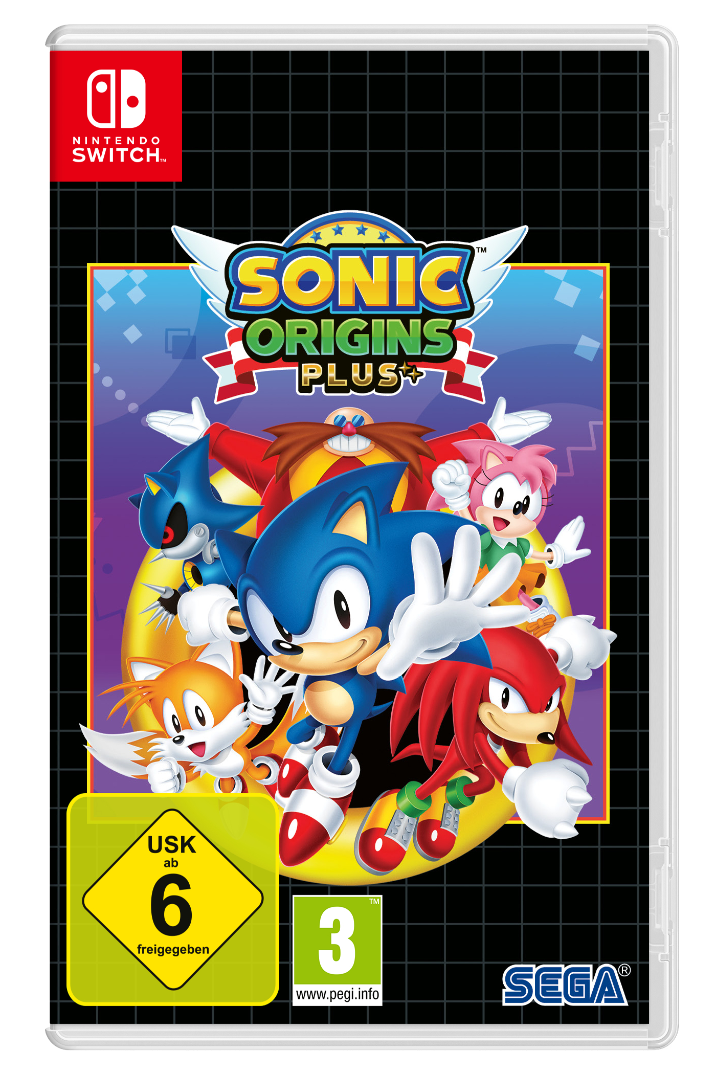 Spielcover von Sonic Origins Plus. Zeigt Sonic und Freunde, mit gelbem und rotem Hintergrund, Nintendo Switch-Logo und Altersfreigaben.