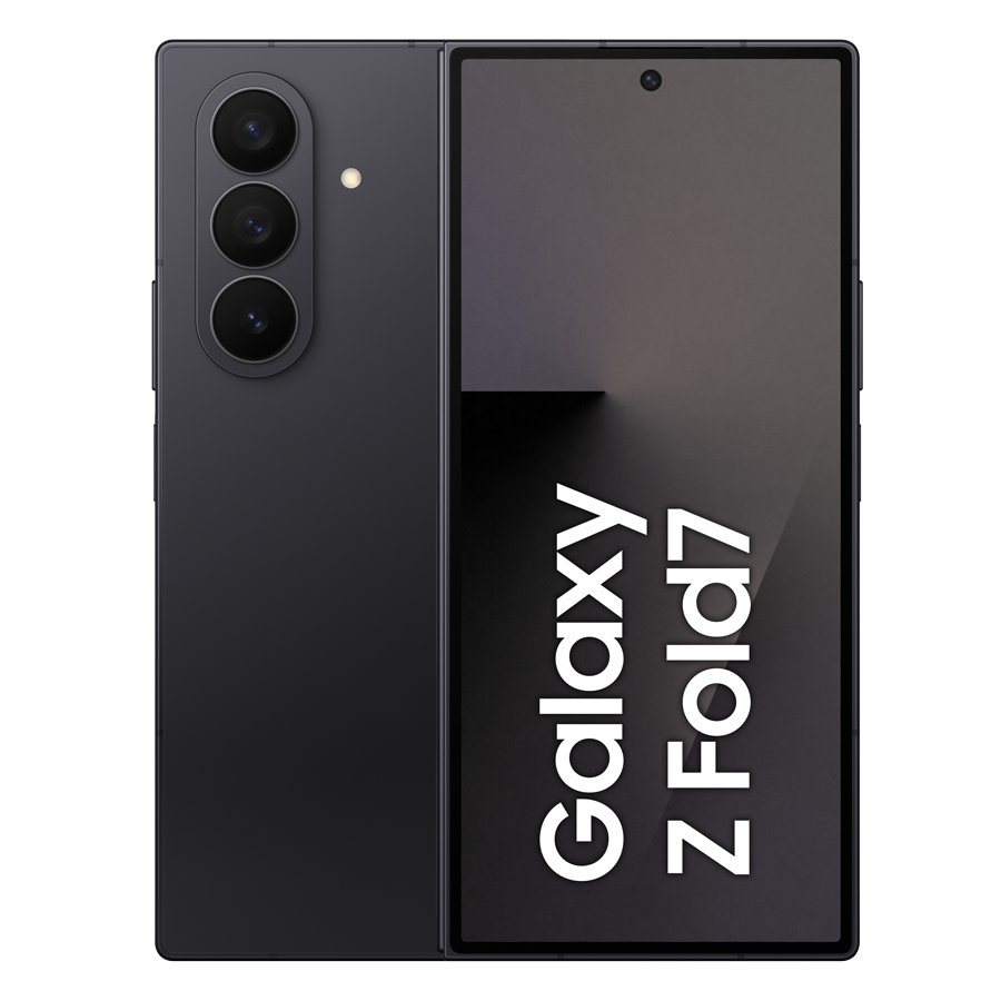 Czarny smartfon Samsung Galaxy Z Fold7 jest wyświetlany otwarty. Ekran pokazuje nazwę marki. Trzy kamery znajdują się z boku.