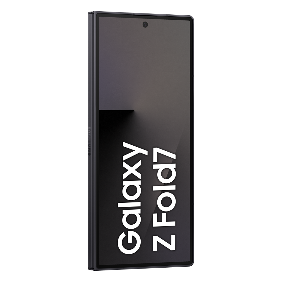 Wyświetlany jest ciemnoszary telefon Samsung Galaxy Z Fold7, pokazujący ekran z nazwą telefonu.
