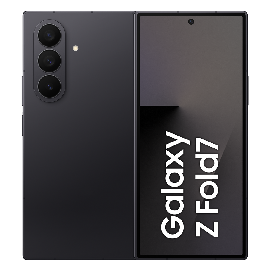 Czarny smartfon Galaxy Z Fold7, otwarty i złożony. Posiada zestaw kamer, przedni aparat i nazwę telefonu wyświetlaną pionowo.