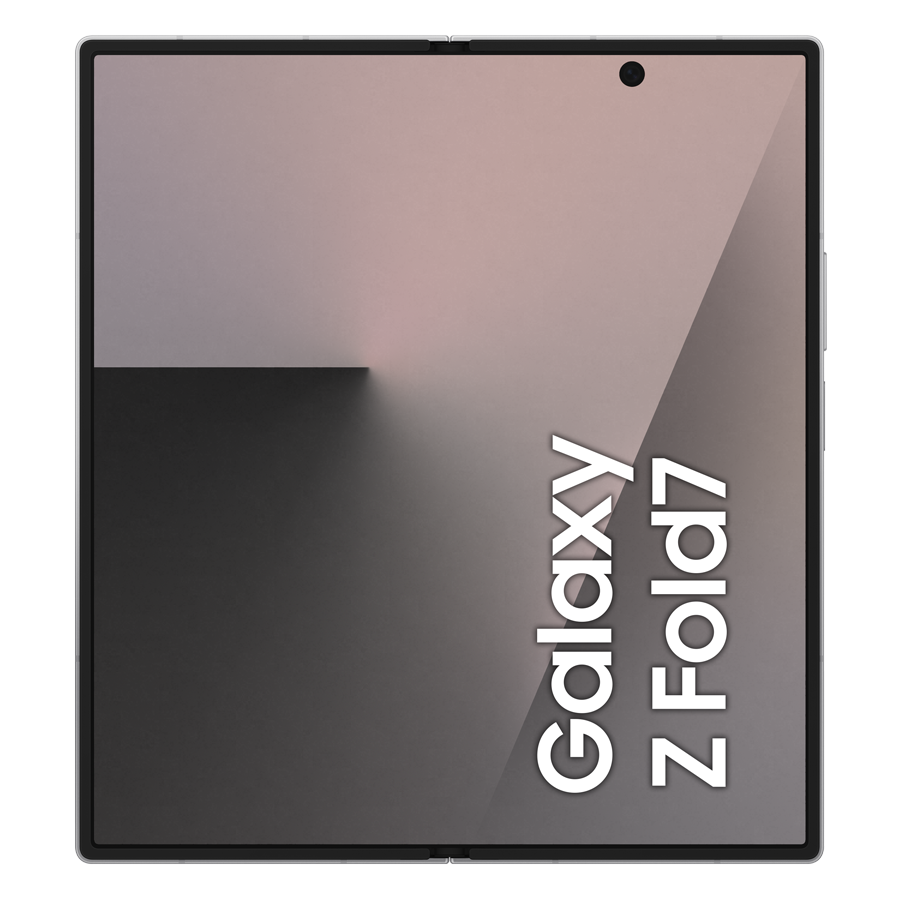 Częściowo otwarty Samsung Galaxy Z Fold7. Wyświetla gradientowe tło w kolorach szarym i różowym. Widoczne jest logo Z Fold7.