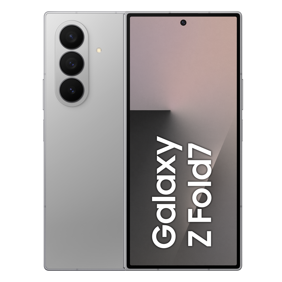 Srebrny telefon Samsung Galaxy Z Fold7 jest wyświetlany otwarty. Ekran pokazuje nazwę telefonu. Telefon ma aparat.