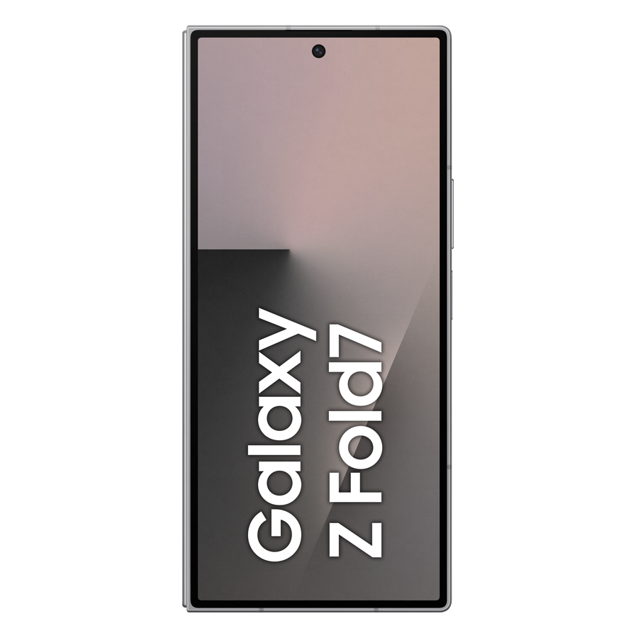 Wyświetlany jest smartfon Samsung Galaxy Z Fold7. Ekran pokazuje gradient szarości i różu z logo telefonu.