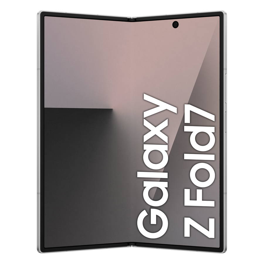 Częściowo otwarty telefon Samsung Galaxy Z Fold7. Ekran pokazuje gradient, z nazwą telefonu w kolorze białym.