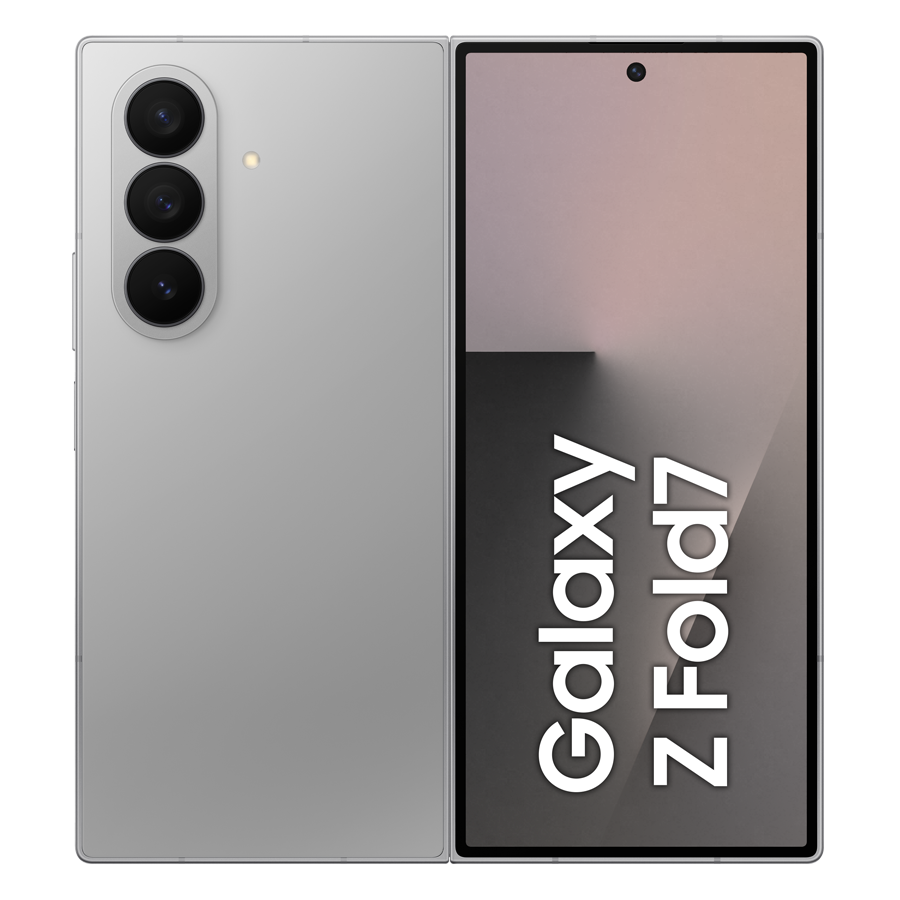 Srebrny telefon Galaxy Z Fold7 jest pokazany otwarty. Ekran wyświetla gradientowe tło z tekstem 'Galaxy Z Fold7'.