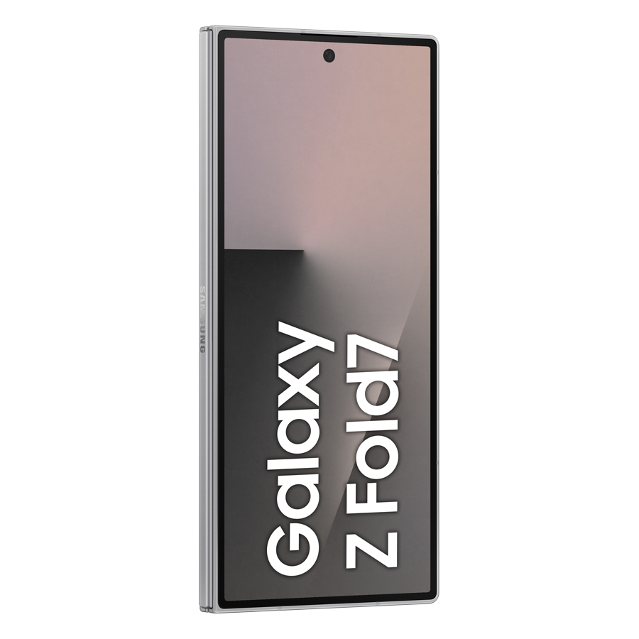 Srebrny telefon Samsung Galaxy Z Fold7, częściowo otwarty. Ekran wyświetla nazwę telefonu białym tekstem.