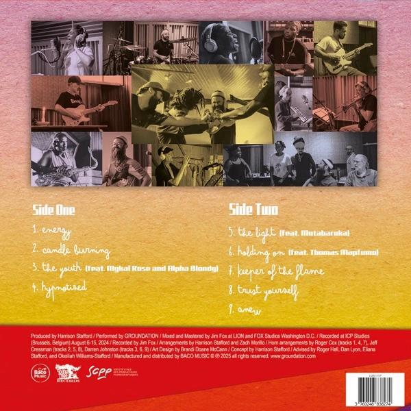 Albumcover mit Collagen von Bandmitgliedern, Trackliste und Produktionsinfos.