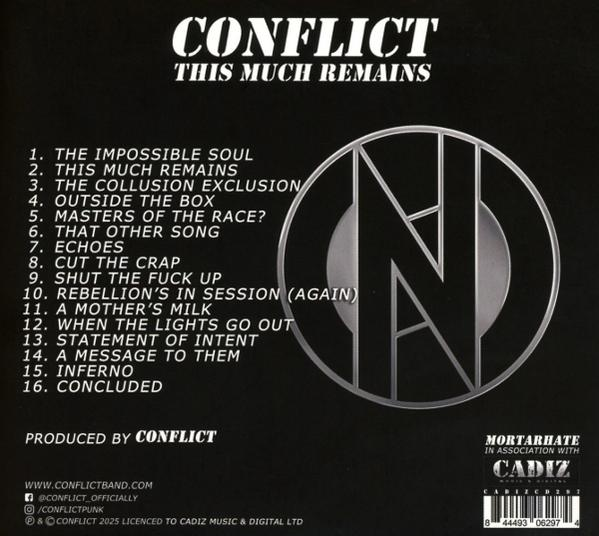 Rückseite eines Albumcovers mit Songliste und Bandlogo.
