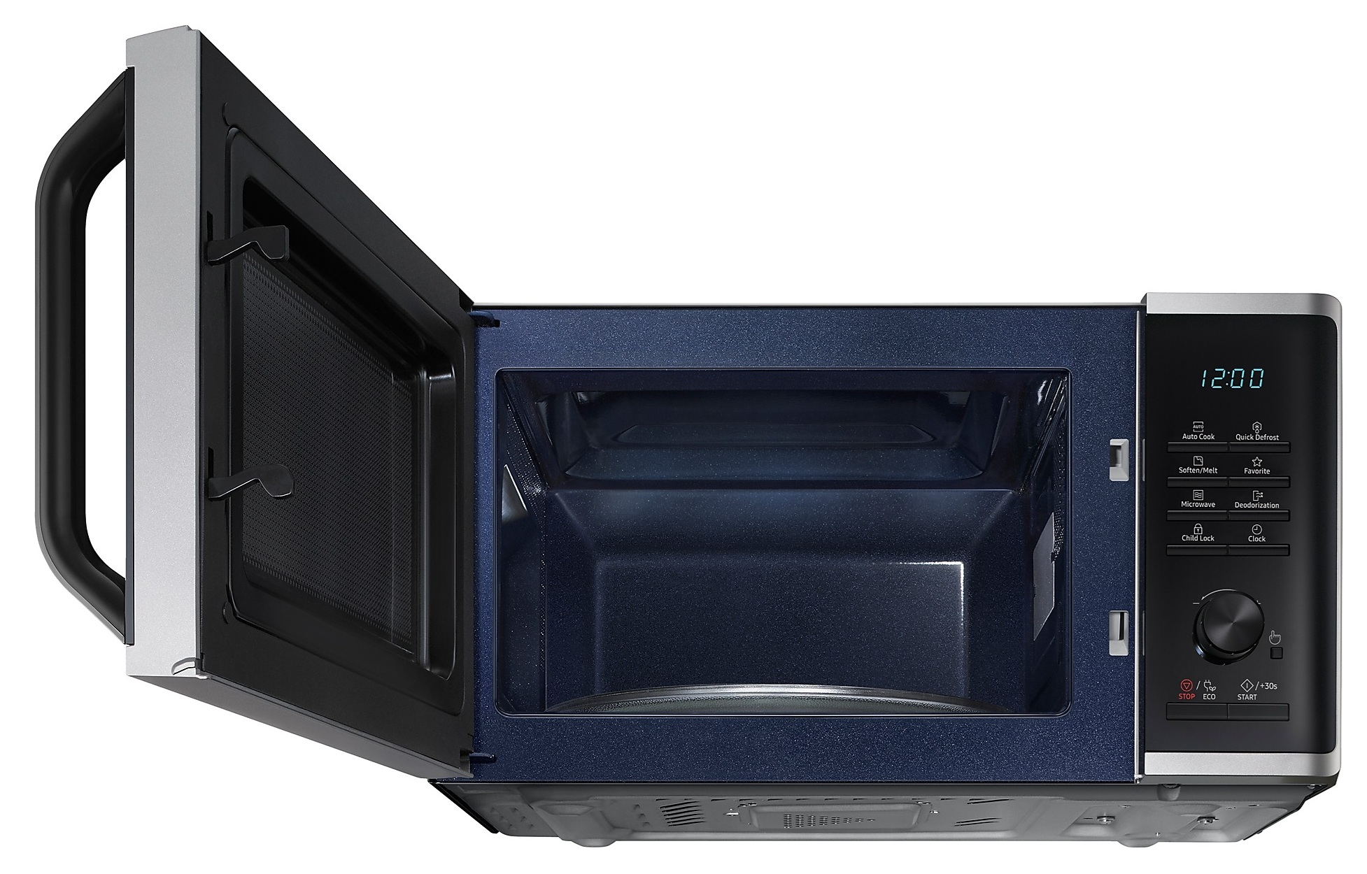 Otwarty piekarnik mikrofalowy z niebieskim wnętrzem, panel sterowania z zegarem cyfrowym i różnymi przyciskami funkcyjnymi.