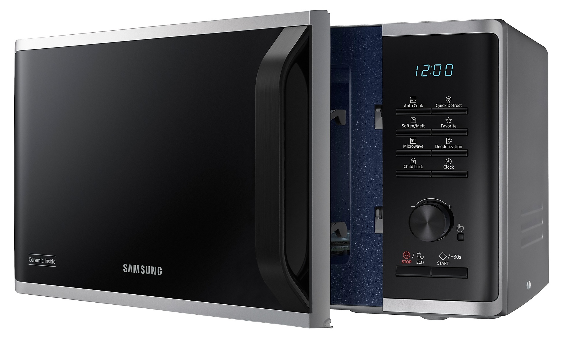 Kuchenka mikrofalowa Samsung z otwartymi drzwiami. Ma czarny przód, cyfrowy wyświetlacz i różne przyciski sterowania.