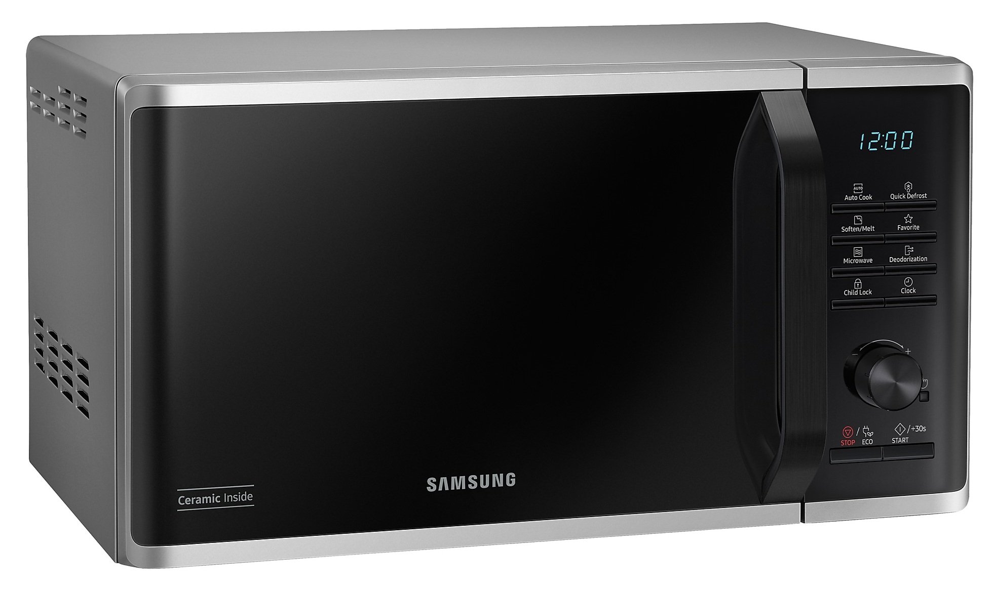 Srebrna i czarna kuchenka mikrofalowa Samsung. Posiada cyfrowy wyświetlacz, panel sterowania i czarne drzwi. Wyświetlany czas to 12:00.