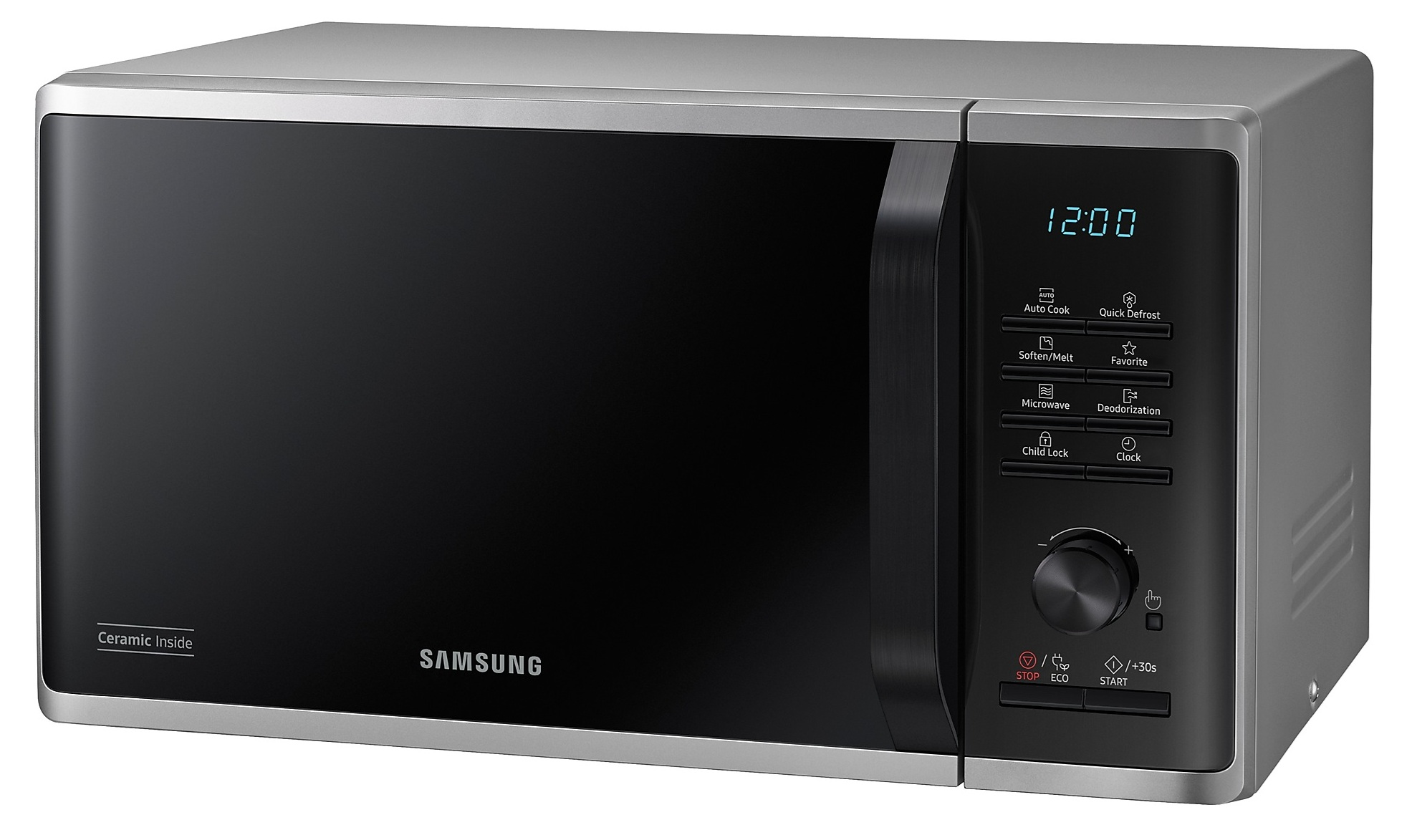 Kuchenka mikrofalowa Samsung, srebrno-czarna, z cyfrowym wyświetlaczem 12:00. Funkcje: automatyczne gotowanie i szybkie rozmrażanie.