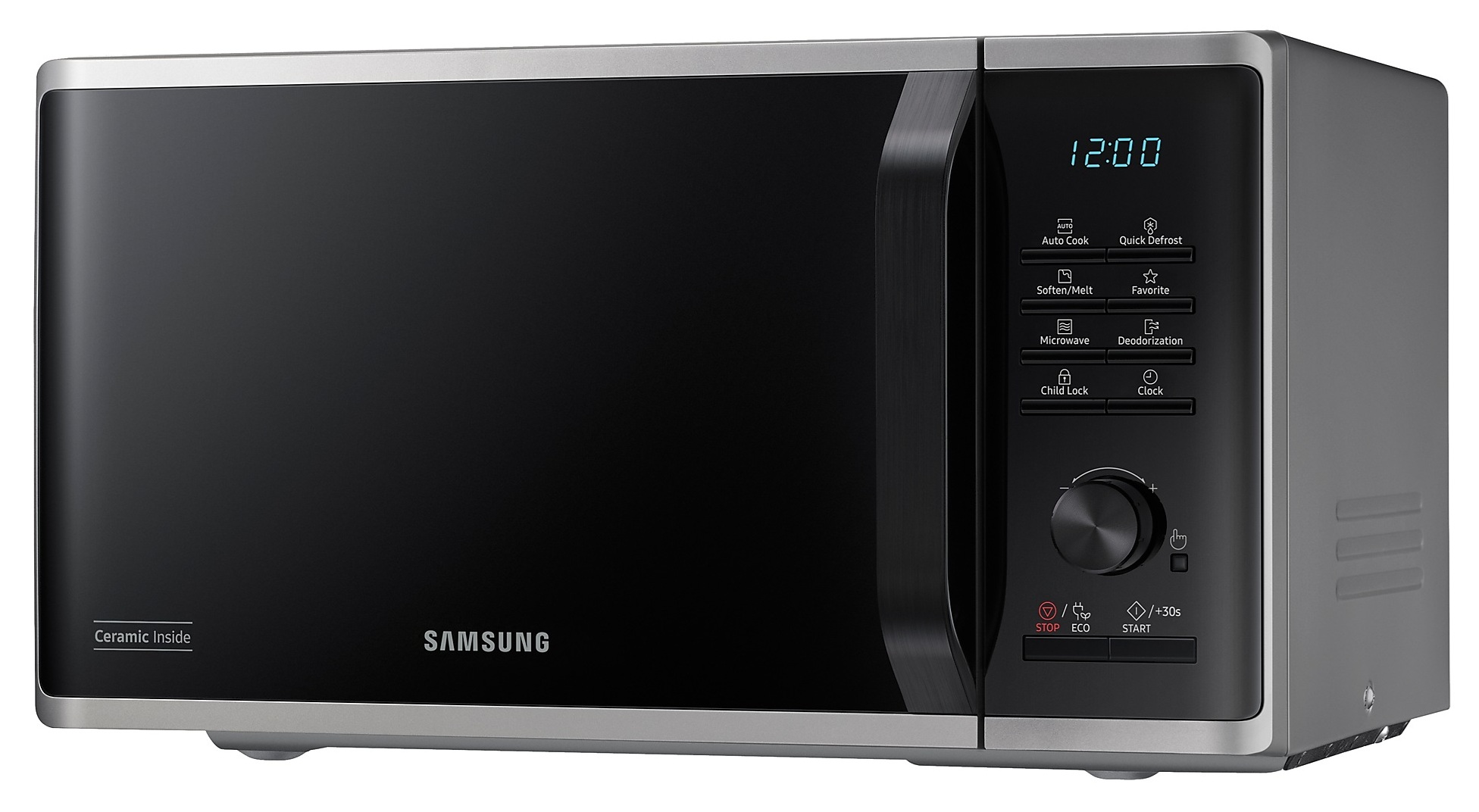 Kuchenka mikrofalowa Samsung z czarnymi drzwiami i srebrnymi wykończeniami. Posiada cyfrowy wyświetlacz zegara i przyciski sterowania.