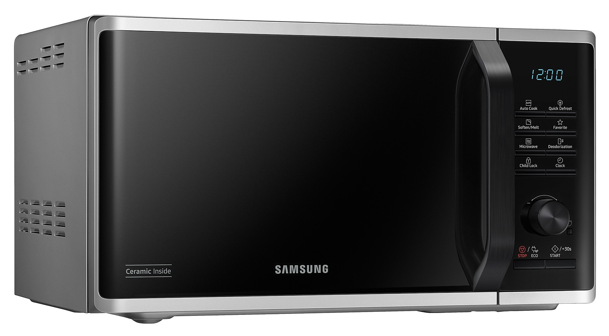 Czarny piekarnik mikrofalowy Samsung. Ma cyfrowy wyświetlacz zegara i przyciski sterowania. Przód jest czarny.