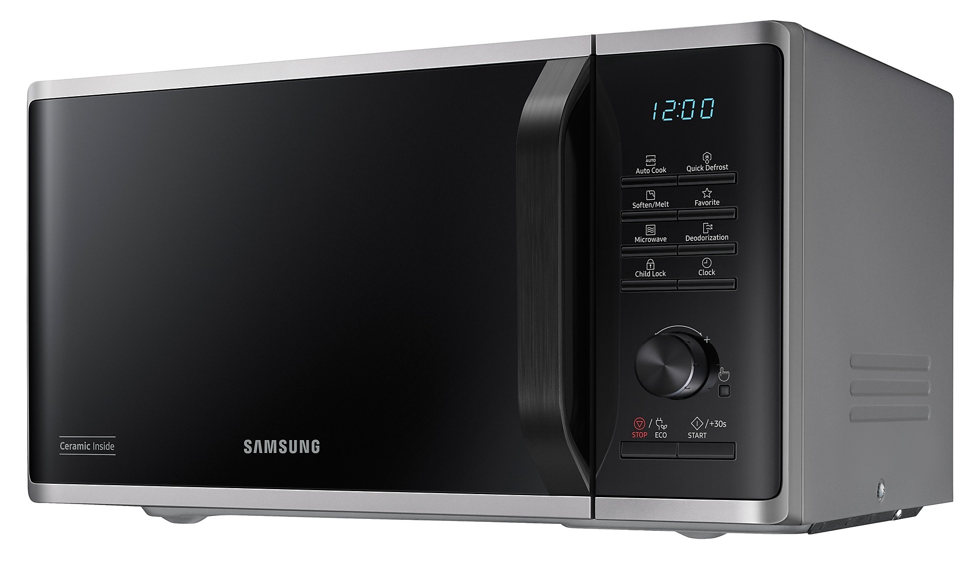 Kuchenka mikrofalowa Samsung. Ma czarne drzwi z wyświetlaczem pokazującym 12:00. Panel sterowania po prawej stronie. Srebrne wykończenie.