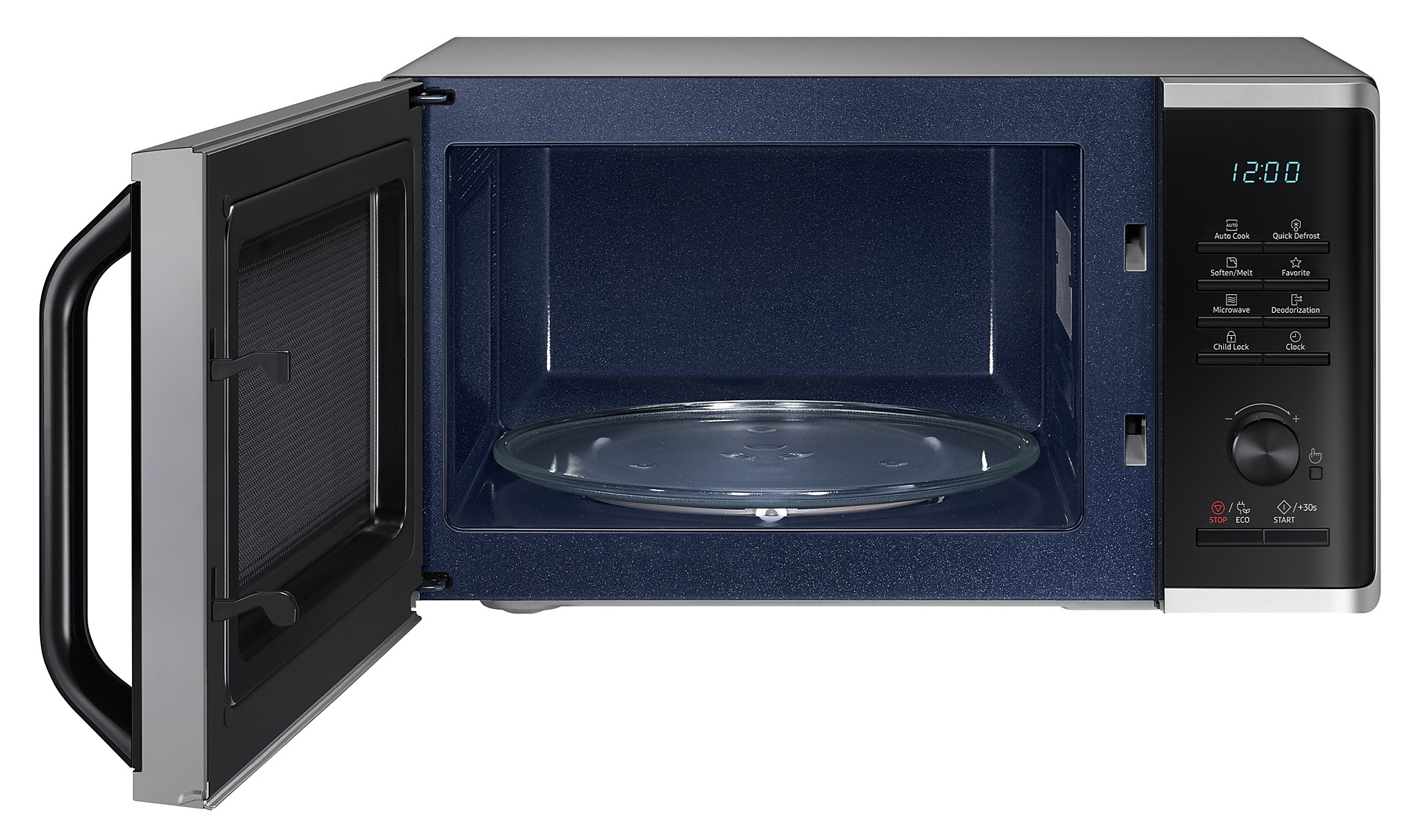 Kuchenka mikrofalowa z otwartymi drzwiami. Wnętrze jest granatowe, w środku znajduje się szklany talerz. Panel sterowania jest po prawej.