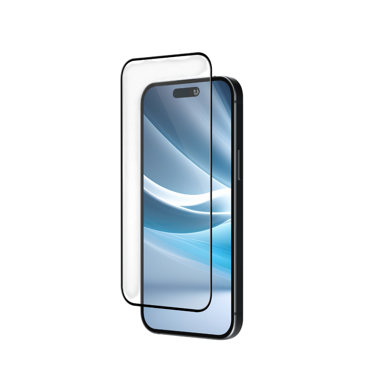 Een smartphone met een schermbeschermer tegen een zwarte achtergrond. Het scherm toont een blauw en wit abstract ontwerp.