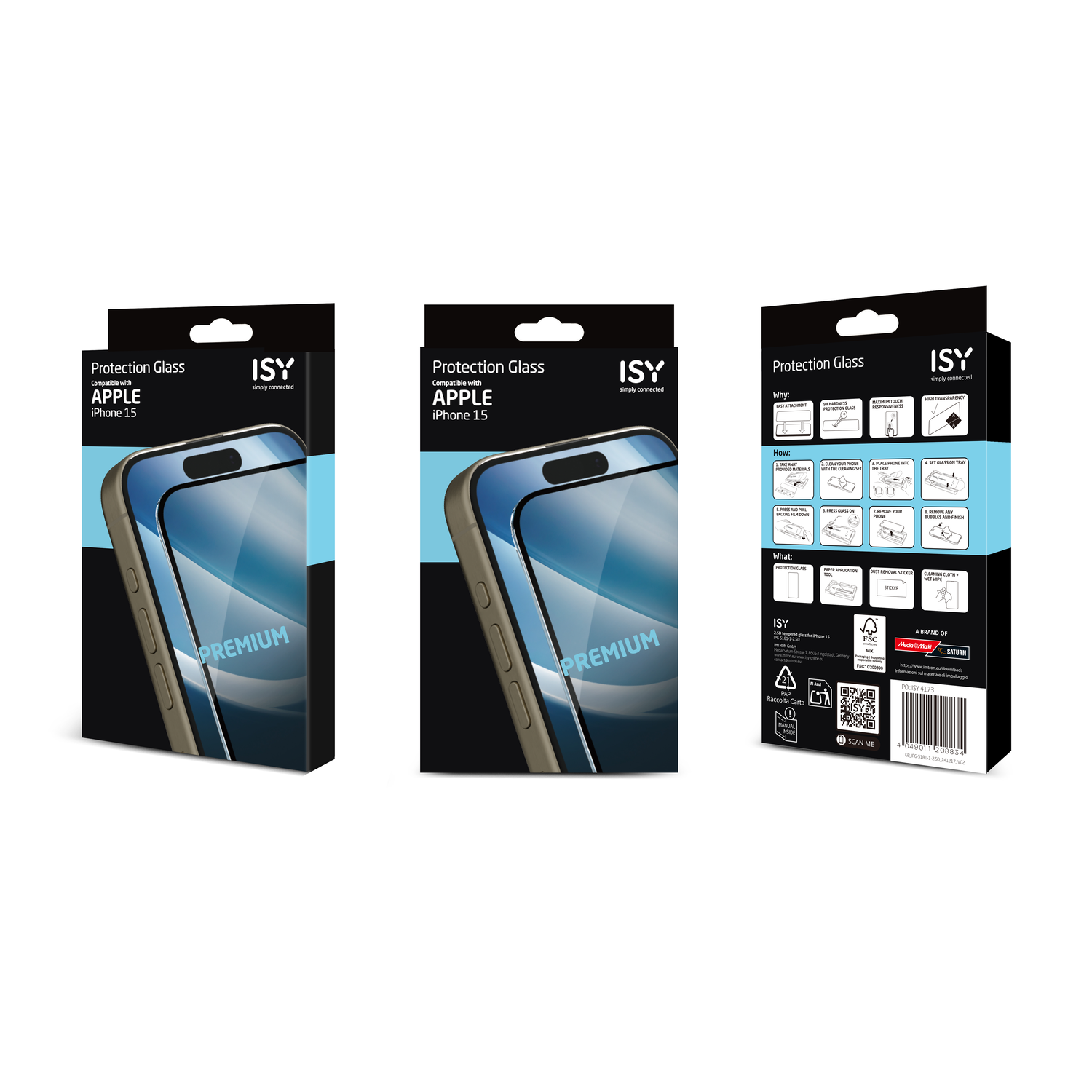 Drie iPhone 15 screenprotector dozen. De dozen tonen een telefoonscherm en productinformatie.