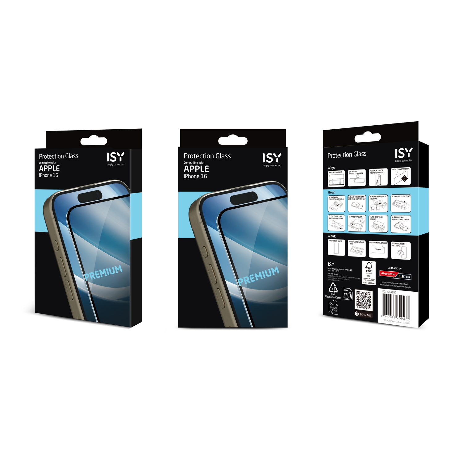 Three ISY iPhone 16 screen protector boxes. Each box shows a phone screen and 'PREMIUM'. Back of one shows product info.