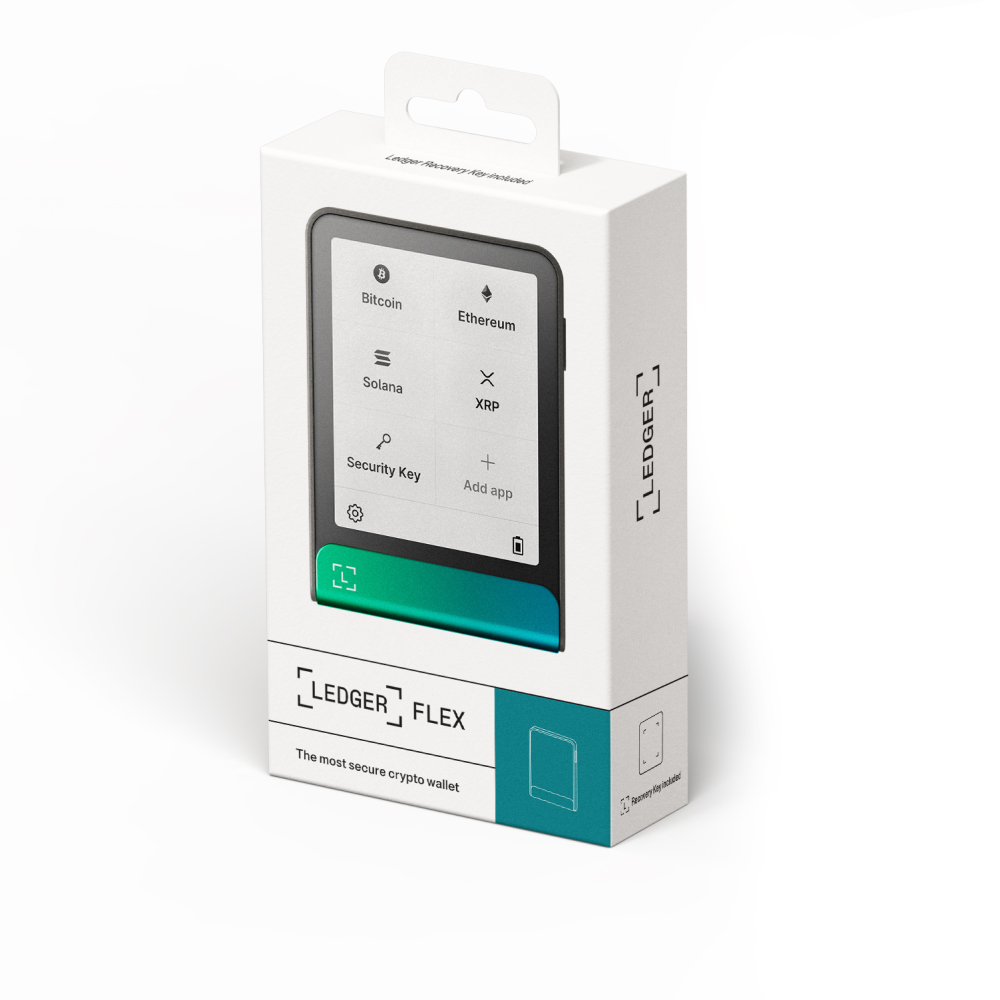 Ledger Flex kripto cüzdan kutusu. Siyah ekran Bitcoin, Ethereum, Solana, XRP'yi gösterir. Logo, ad ve anahtar içeren beyaz kutu.