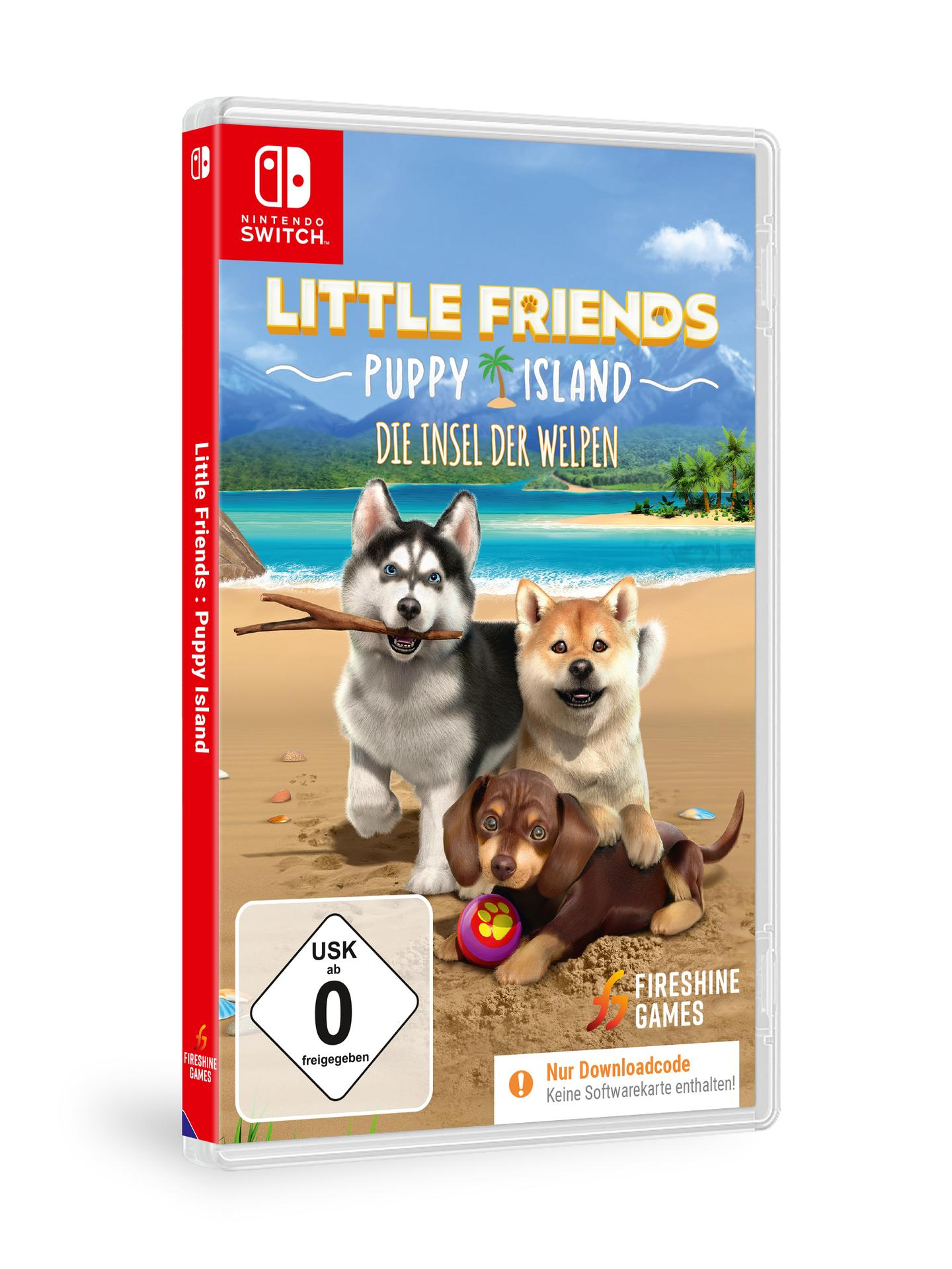 Spielcover: Drei Welpen am Strand. Titel: Little Friends Puppy Island. Nintendo Switch-Logo, USK 0-Rating. Herausgeber Fireshing Games.