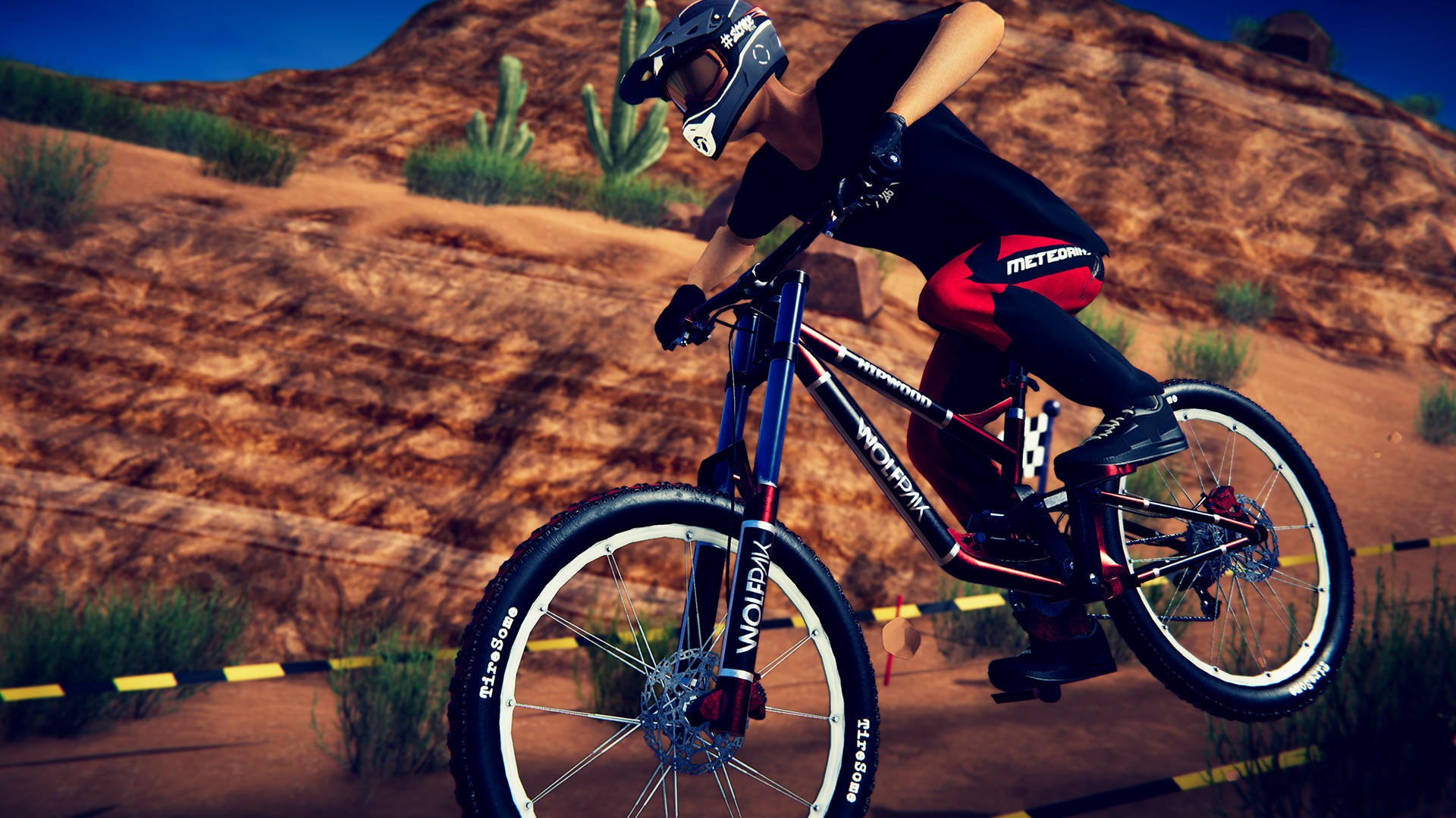 Ein Biker auf einem Mountainbike springt über eine Dirt-Strecke. Das Fahrrad hat einen rot-blauen Rahmen. Der Biker trägt einen Helm und schwarze Kleidung.