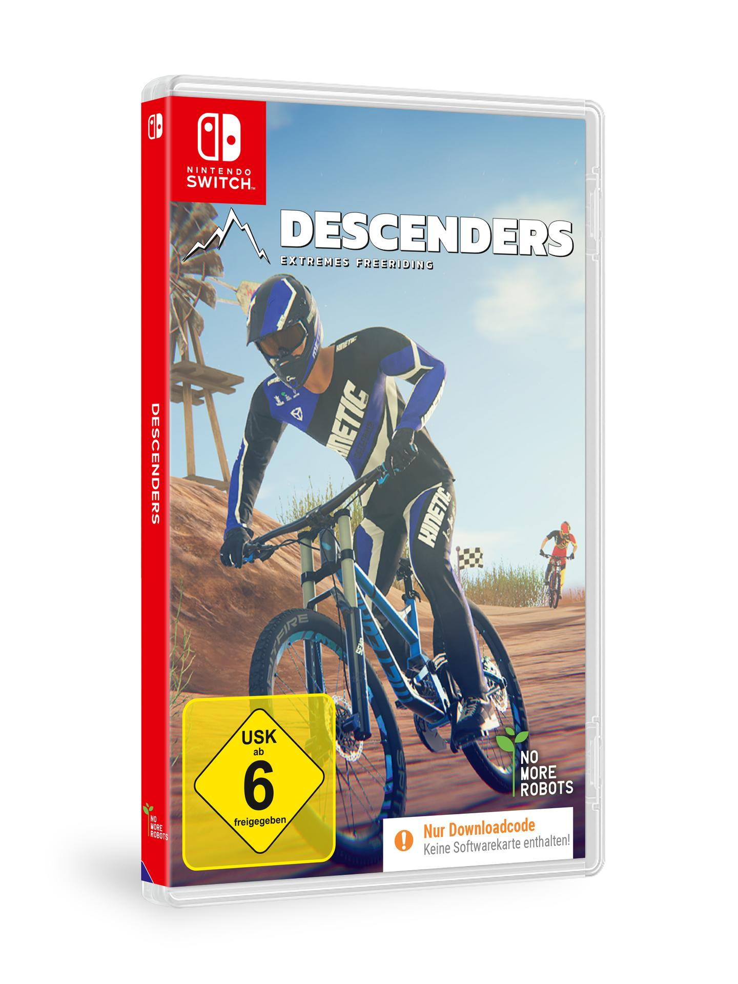 Spielhülle für Descenders. Ein Biker in Blau und Schwarz fährt einen Feldweg hinunter. Ein anderer Biker im Hintergrund. Nintendo Switch Logo.