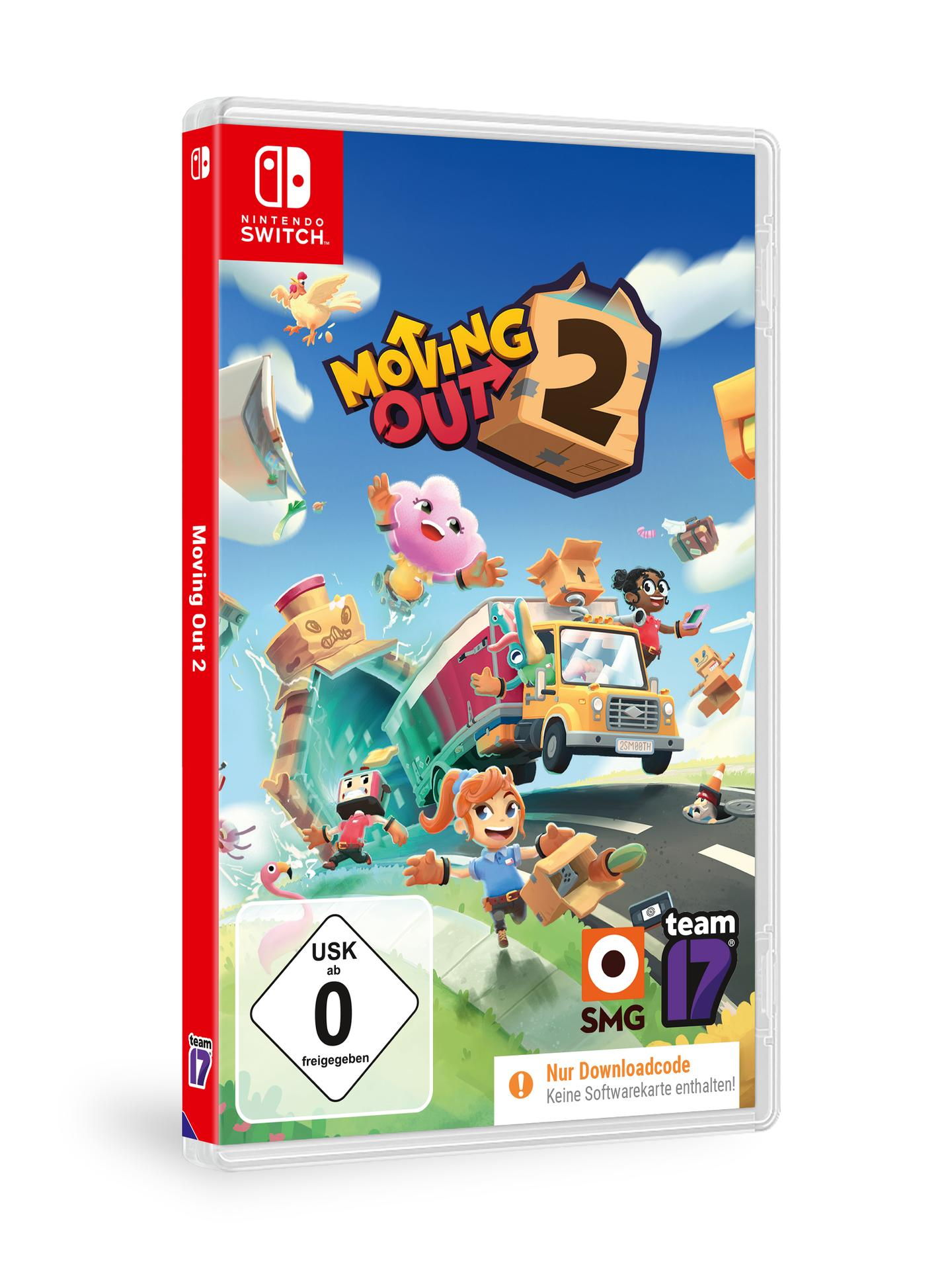 Spielbox für Moving Out 2. Charaktere beladen einen LKW. Die Box zeigt ein Nintendo Switch-Logo und eine USK-Bewertung von 0.